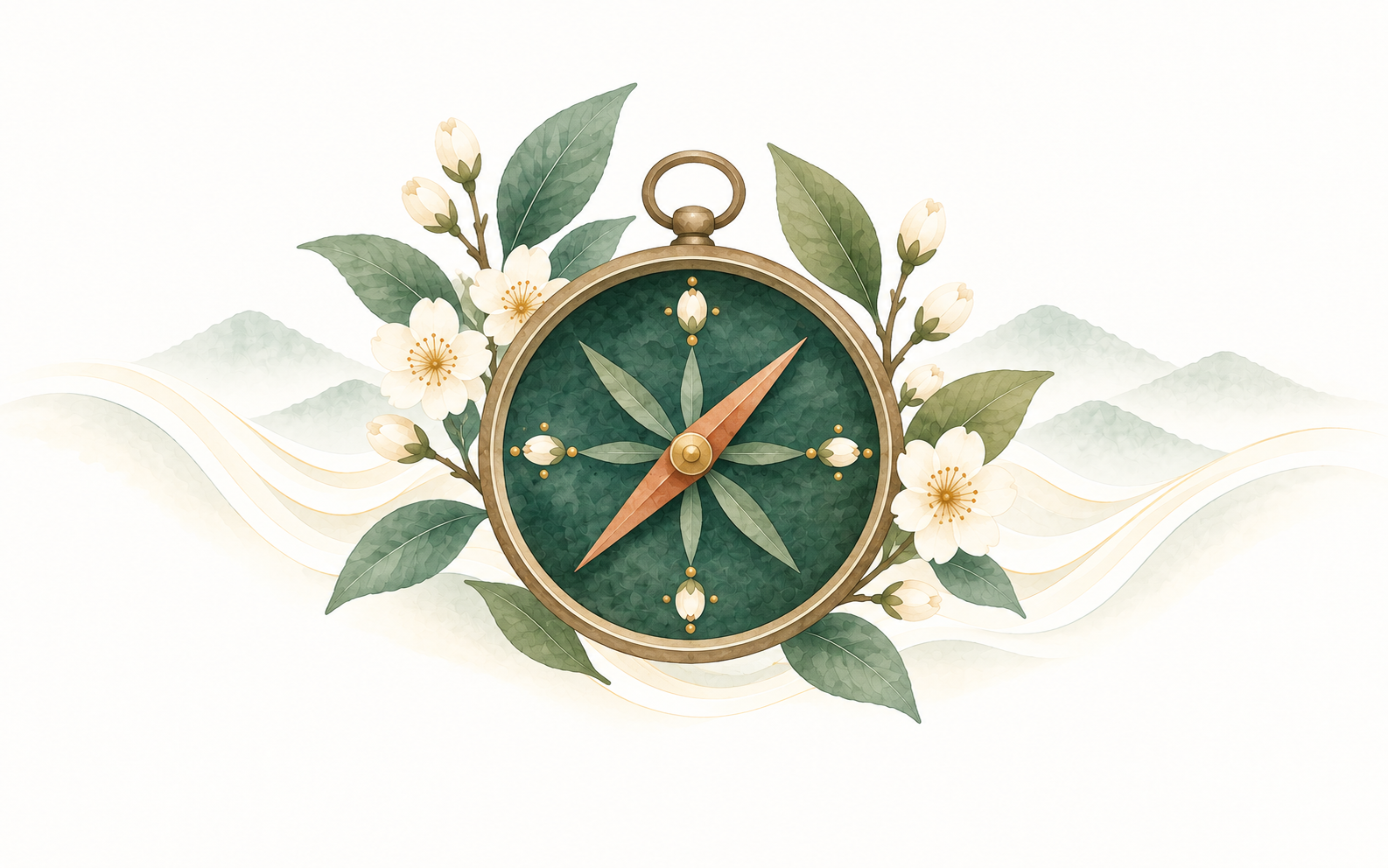 Watercolour illustration of a compass whose bearing points are formed from botanical leaves and cream blossoms.