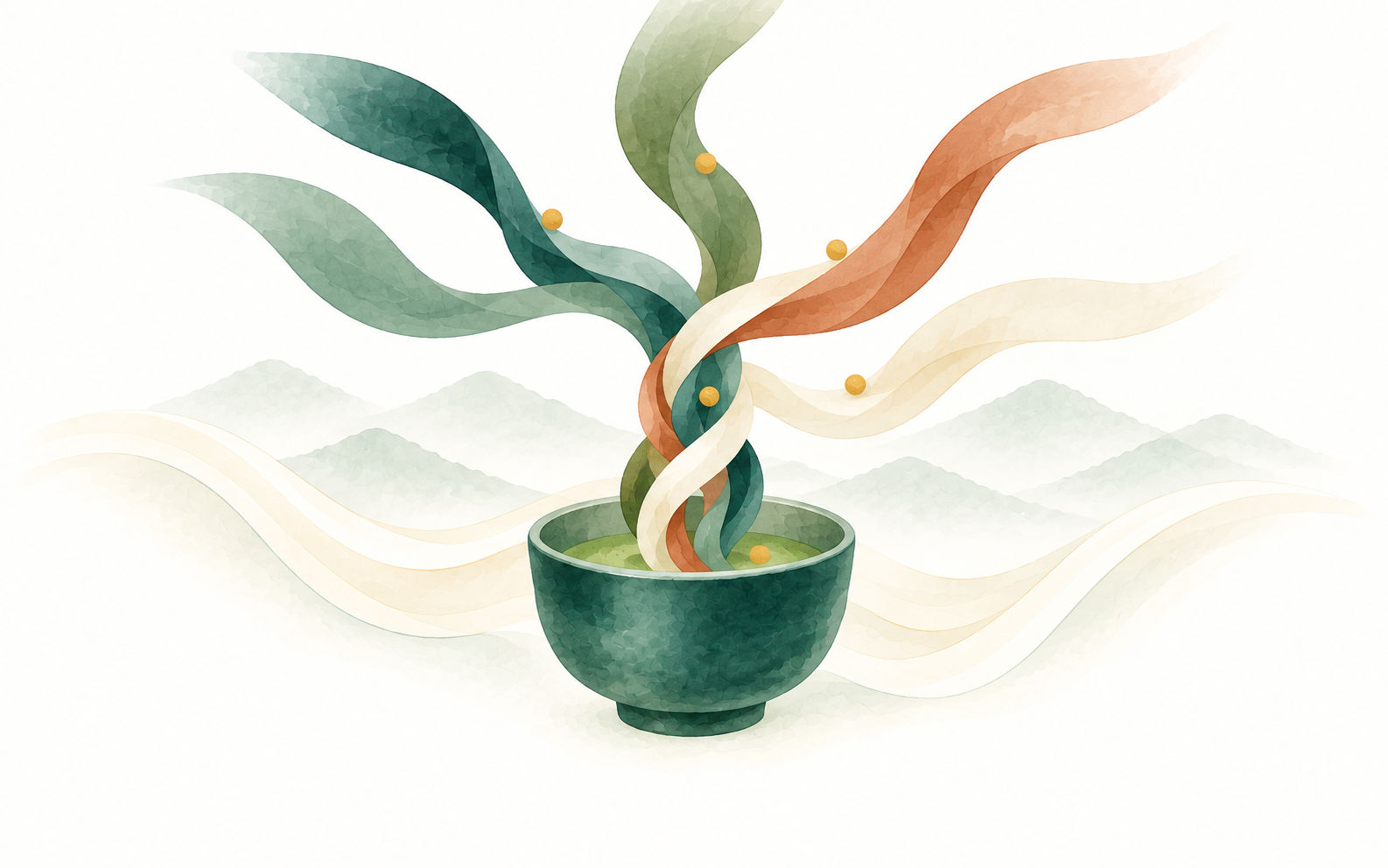Watercolour illustration of five coloured ribbons braiding together into one strand gathered by a small bowl.