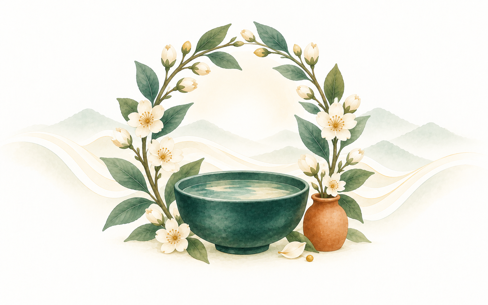 Watercolour illustration of a botanical archway opening above a shallow bowl of still water.