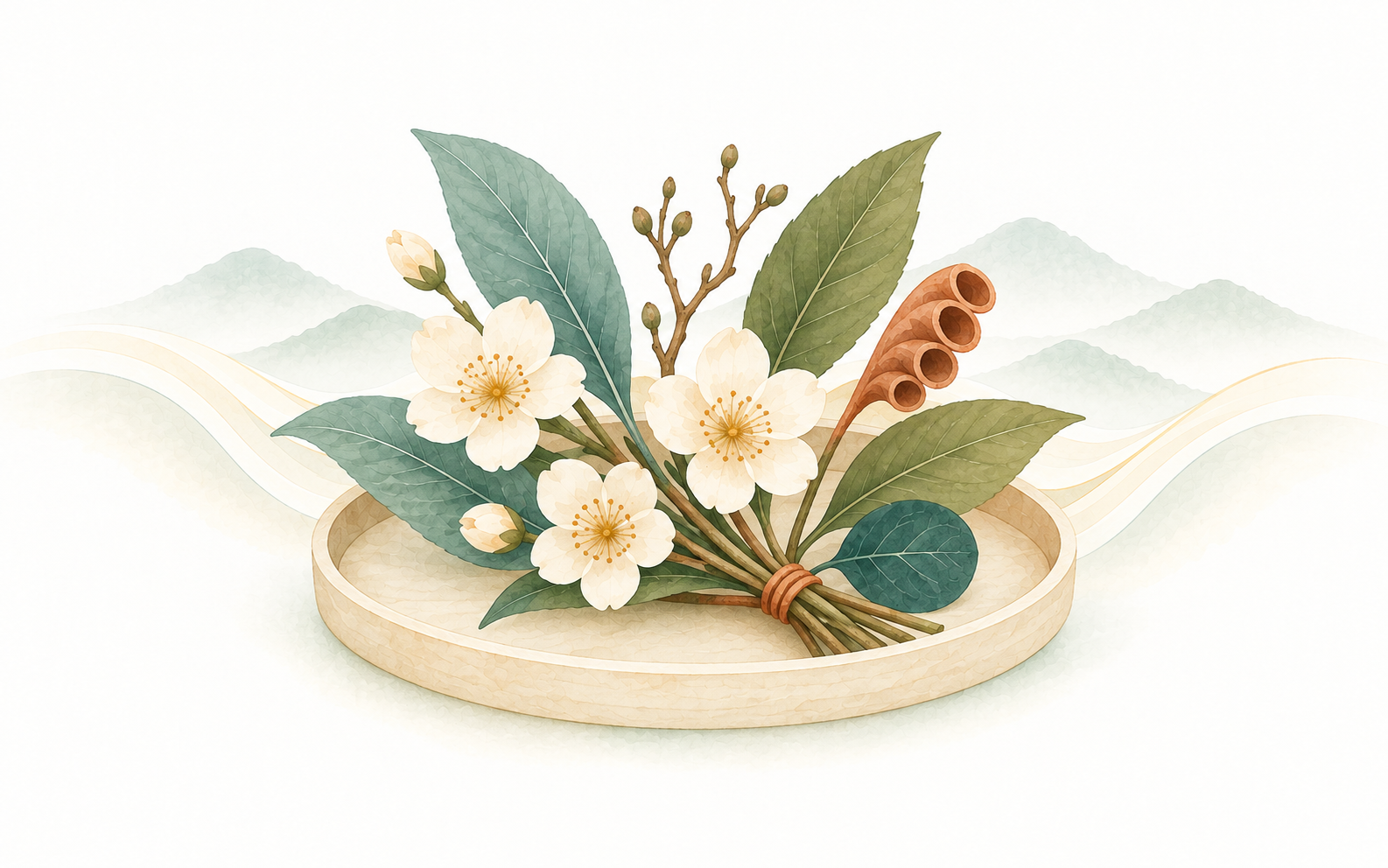 Watercolour illustration of a shallow tray holding a fan of many different botanical forms.