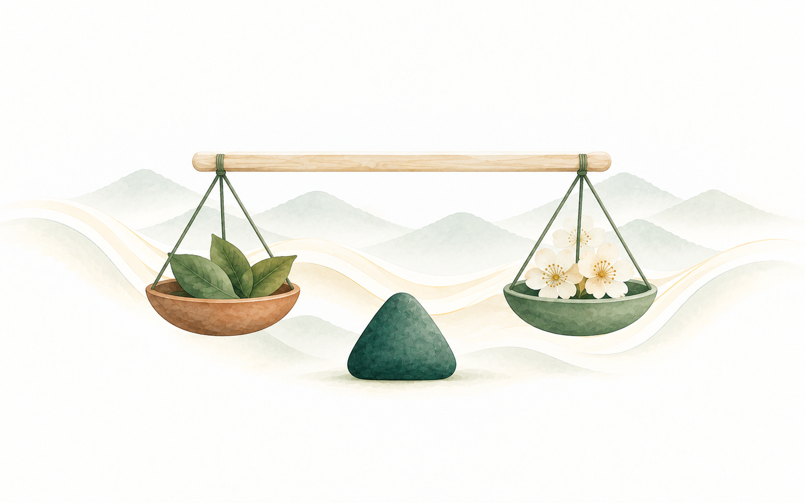 Watercolour illustration of a level balance holding leaves on one side and blossoms on the other.