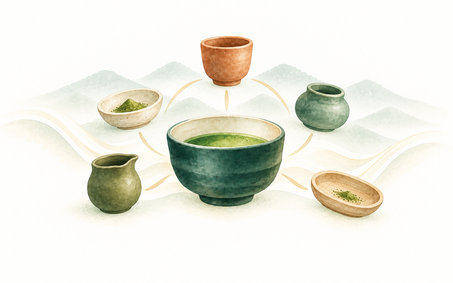 Watercolour illustration of one central bowl with smaller vessels arranged around it in an open ring.