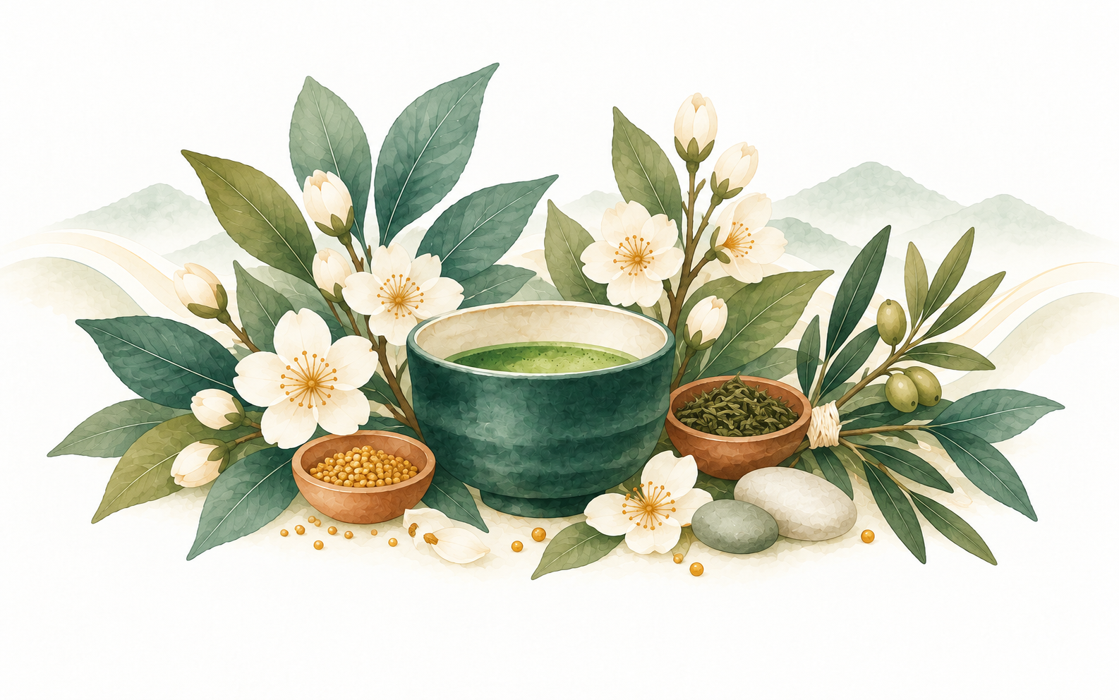 Watercolour illustration of botanical specimens laid out as an overlapping catalogue band.