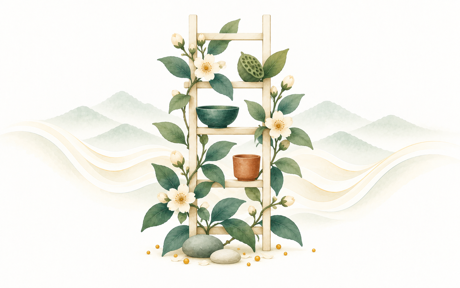 Watercolour illustration of a tall upright trellis frame with climbing vines and small vessels resting on its rungs.