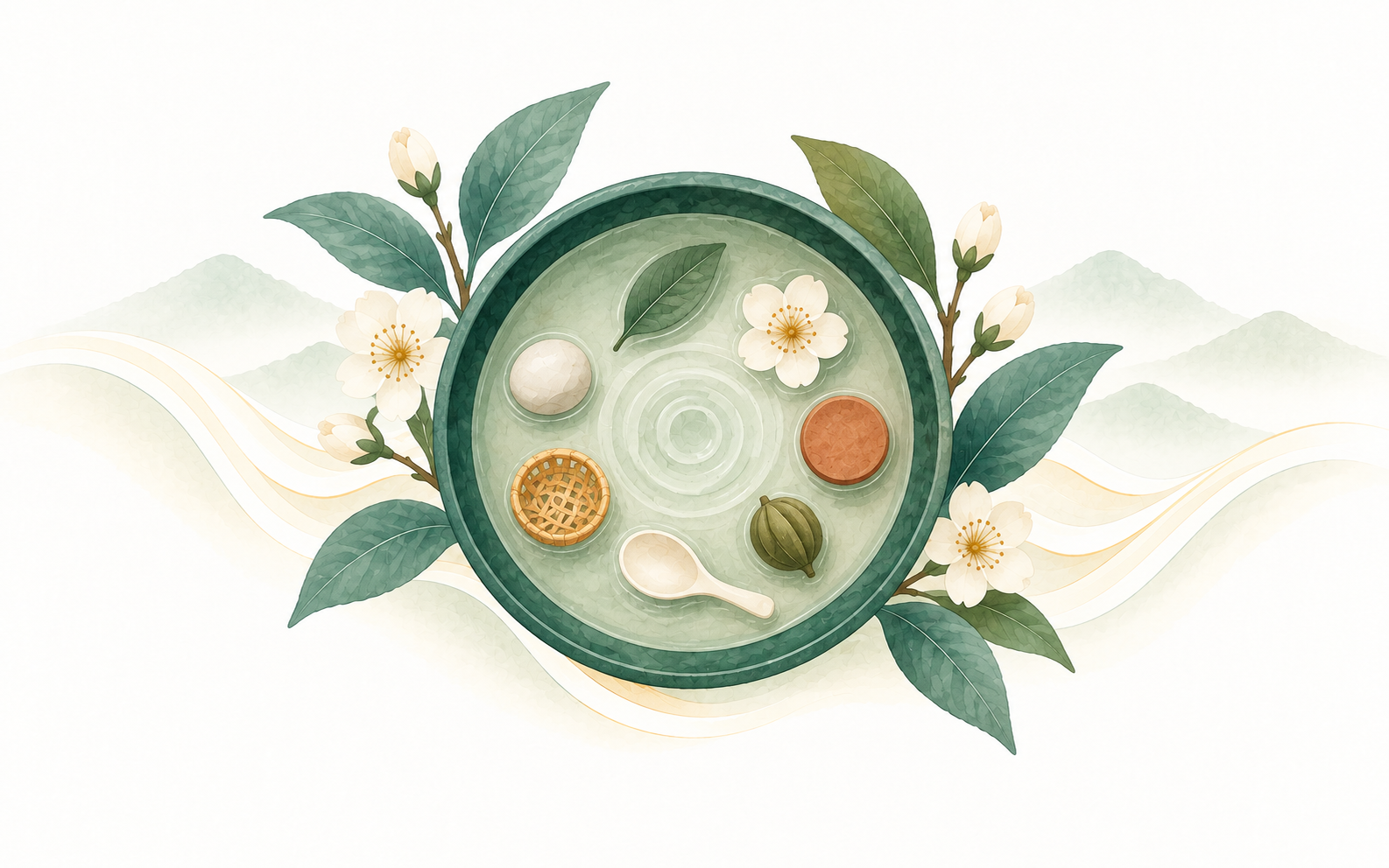 Watercolour illustration of a wide bowl seen from above with small objects floating in a ring on still water.