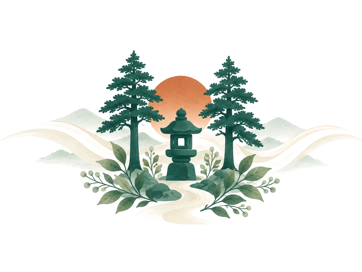 Illustration: a stone lantern standing on a path between two tall pines, with a clay-orange sun behind them