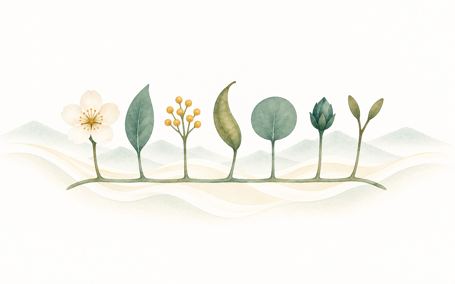 Watercolour illustration of one stem carrying seven different botanical forms in an even row.