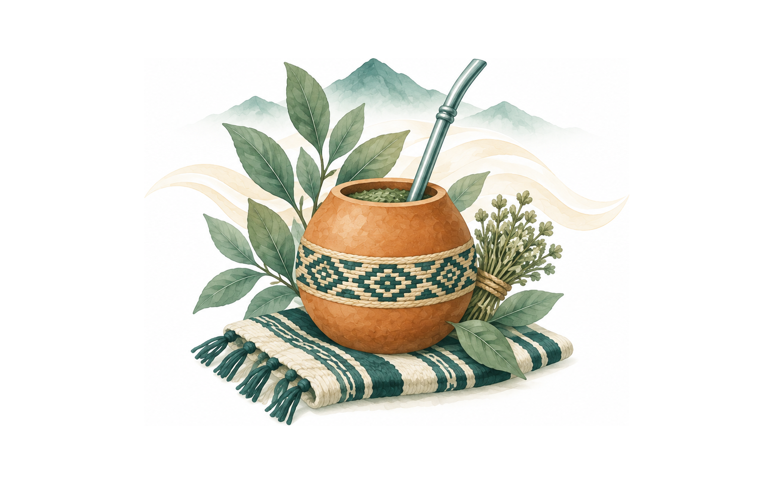 Watercolour illustration of a practice from the Guaran&iacute; tradition.
