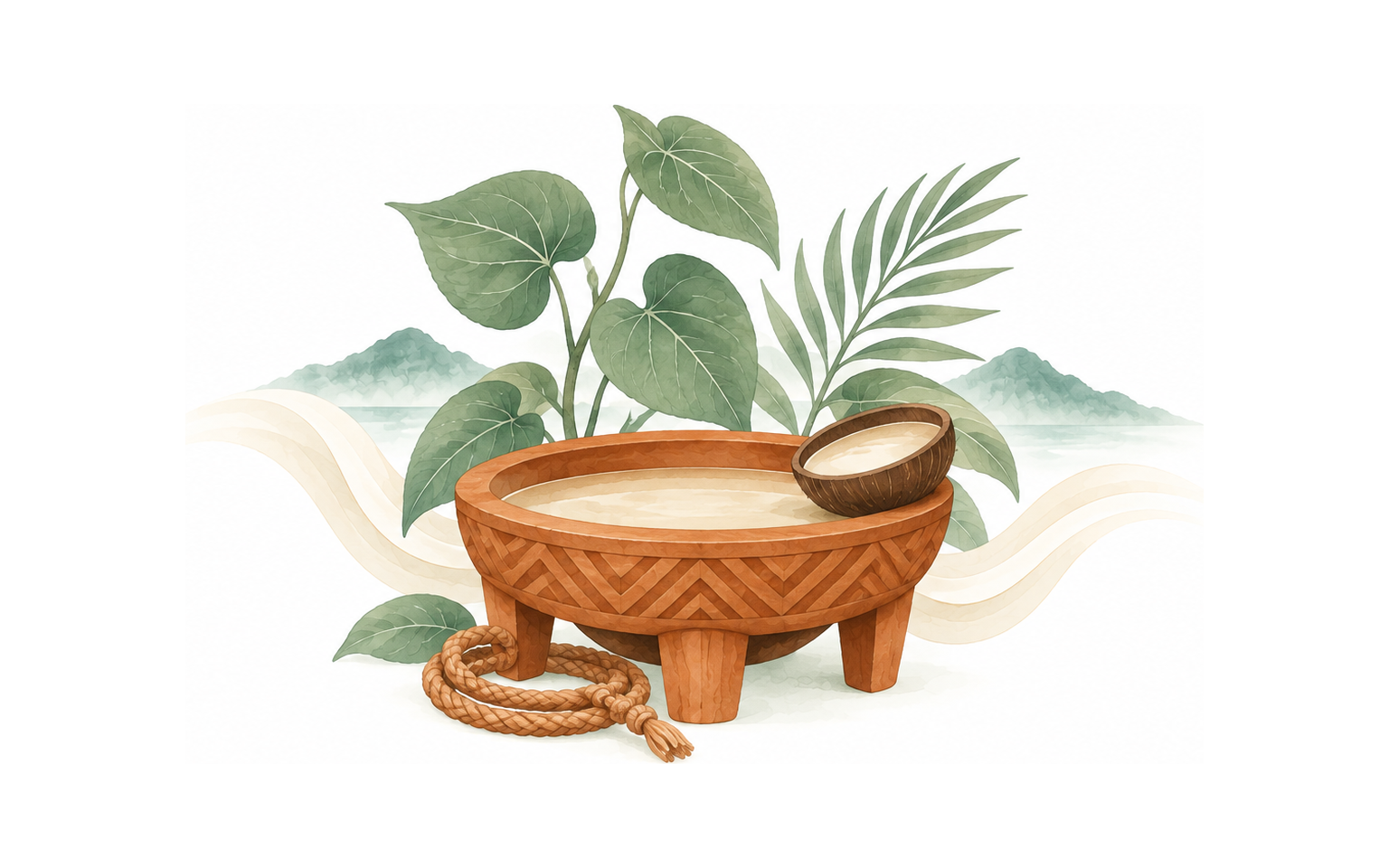 Watercolour illustration of a practice from the Pasifika tradition.