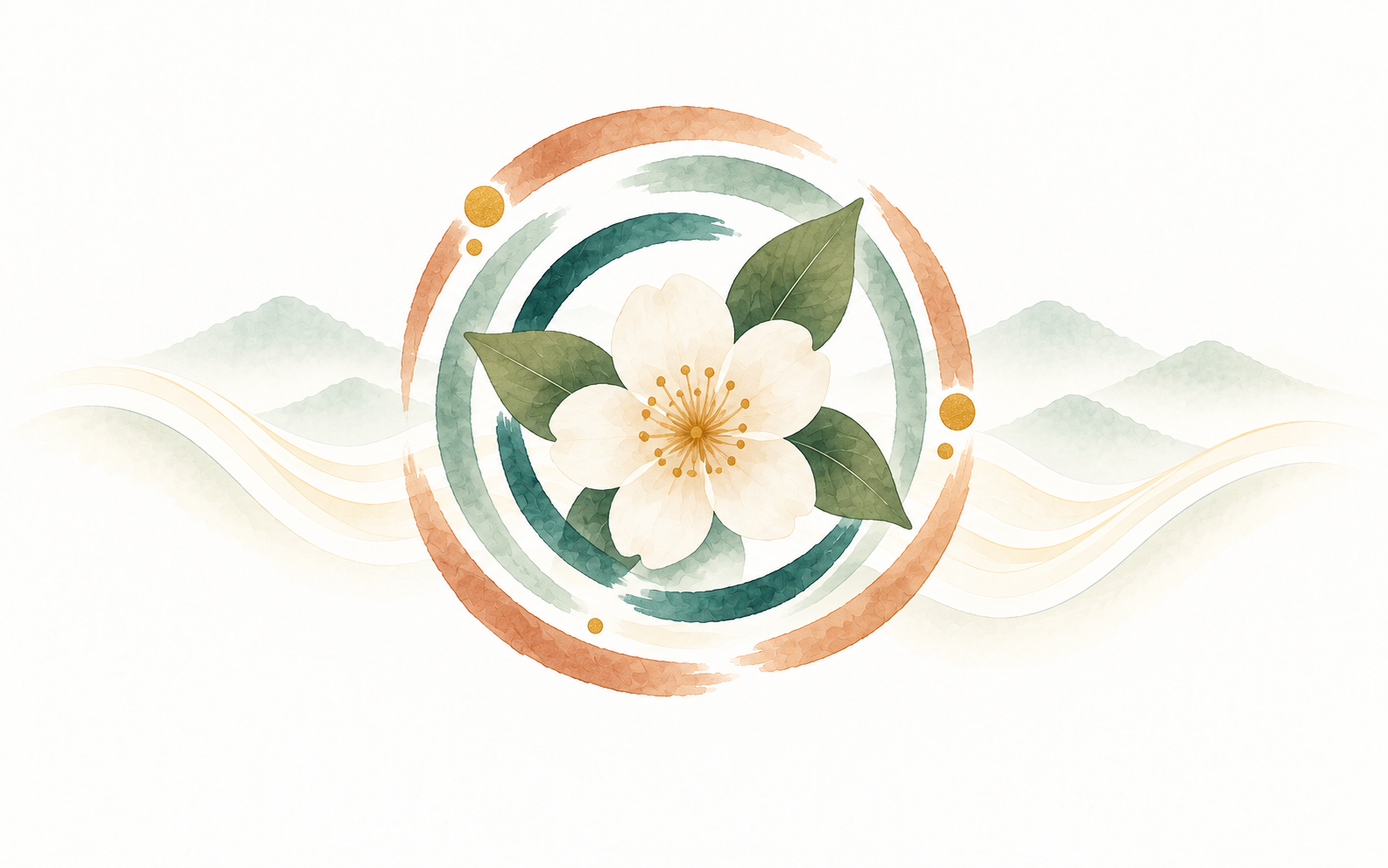 Watercolour illustration of a single cream blossom held inside broken concentric rings.