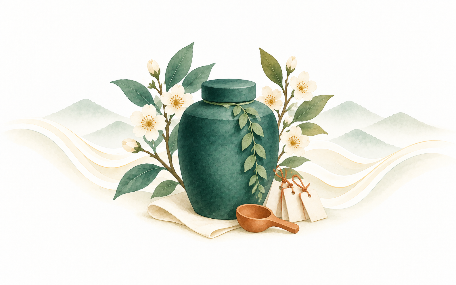 Watercolour illustration of a sealed archive jar with a descending chain of linked leaves and paper tags.