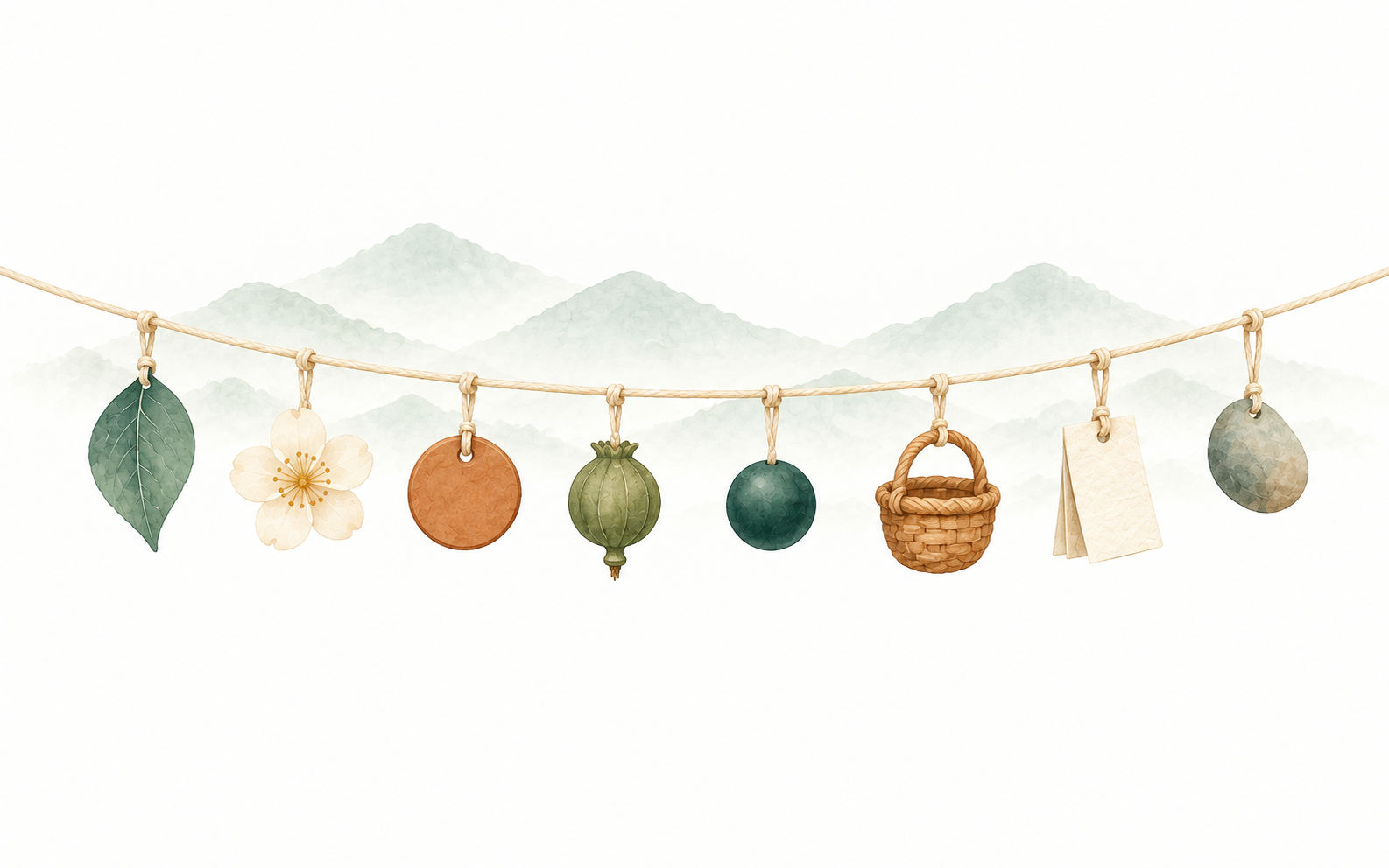 Watercolour illustration of many different small objects hanging from one long thread.